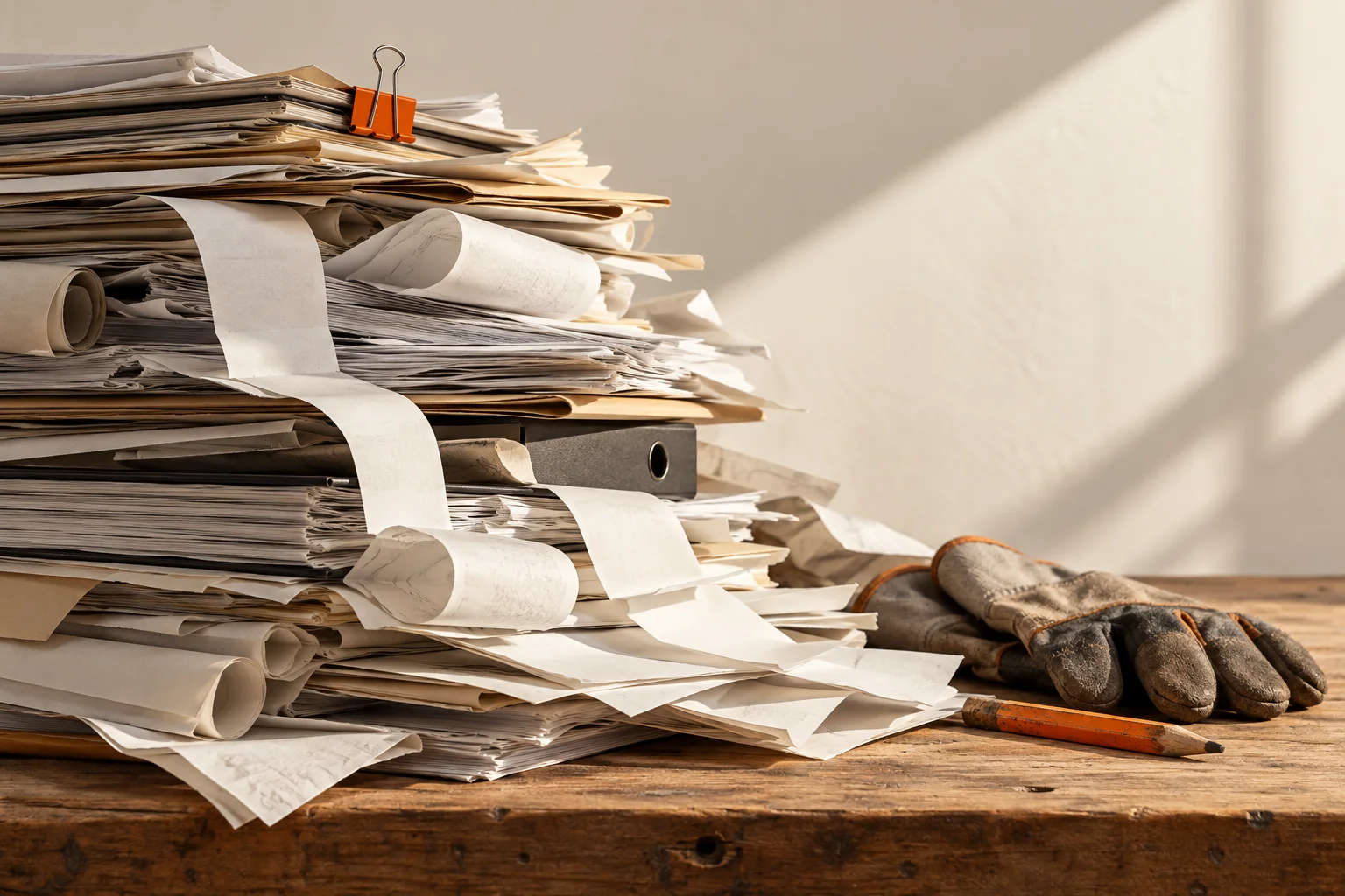 Papierstapel und Belege nehmen auf einer Werkbank den Platz von Arbeitshandschuhen und Werkzeug ein.
